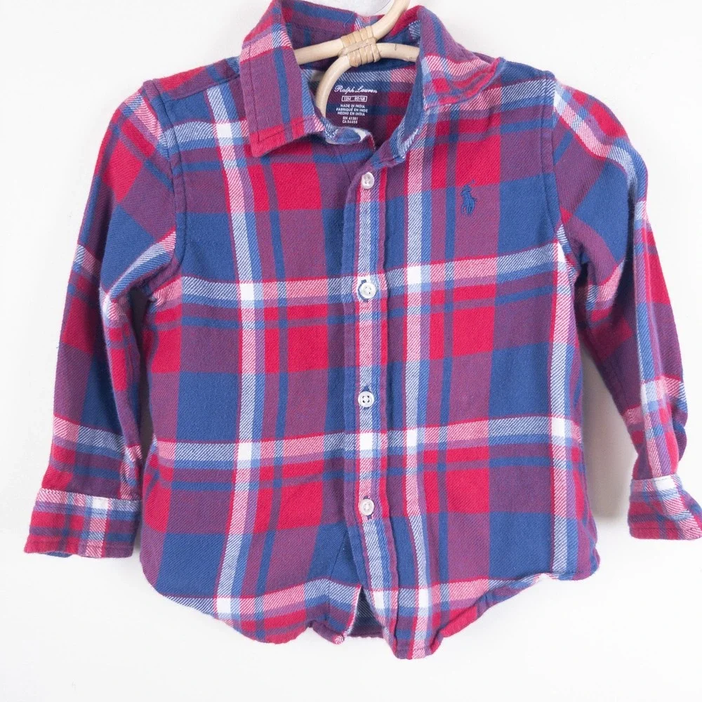 Ralph Lauren Plaid Flannel Shirt Kids 12M‎ Red Blue Long Sleeve Button Down
